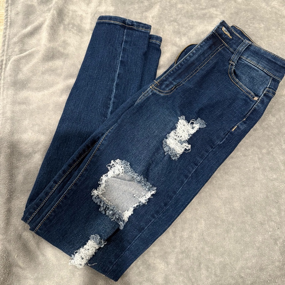 Fashion Nova Dark Blue Distressed Skinny Jeans